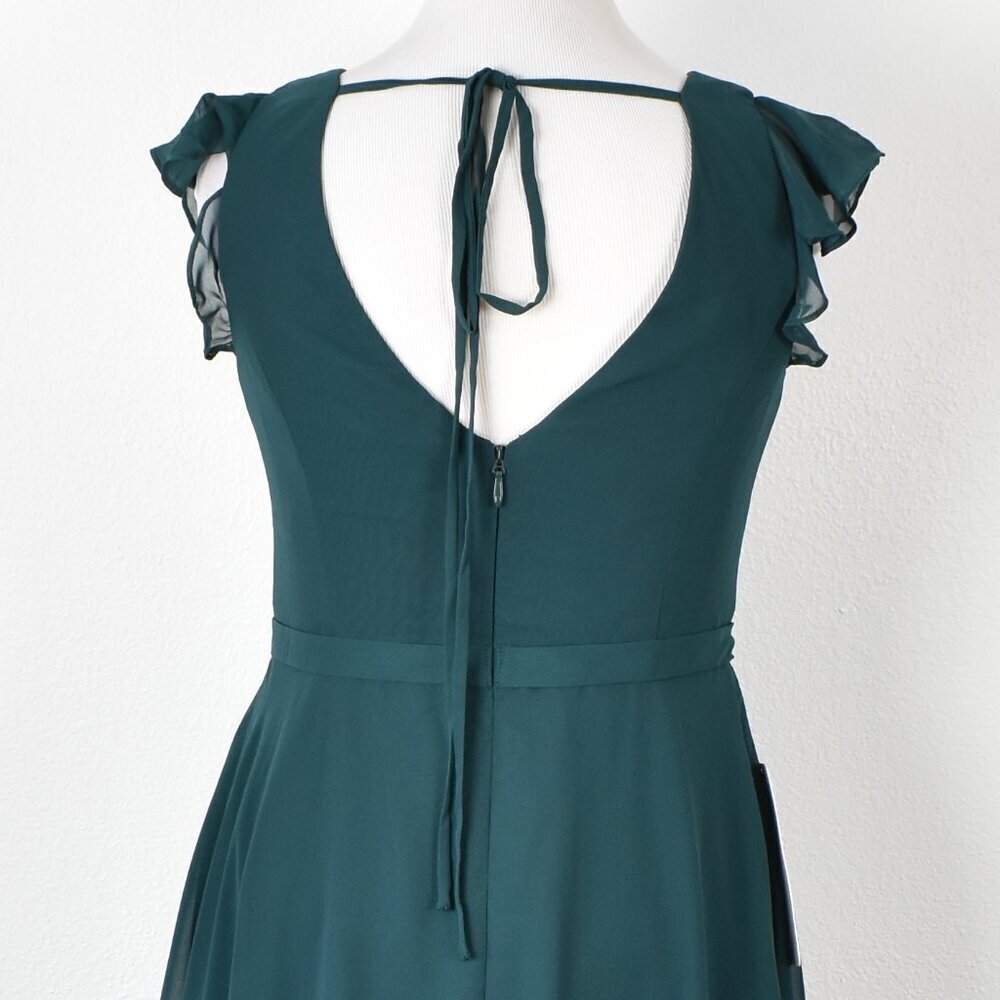 Azazie CLAUDINE Pine A-Line Flutter Sleeve Chiffon Dress NEW - 12 - Picture 4 of 11